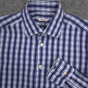 Kiton Dress Shirt Mens 42 16.5 Blue White Plaid Cotton Long Sleeve Made In Italy